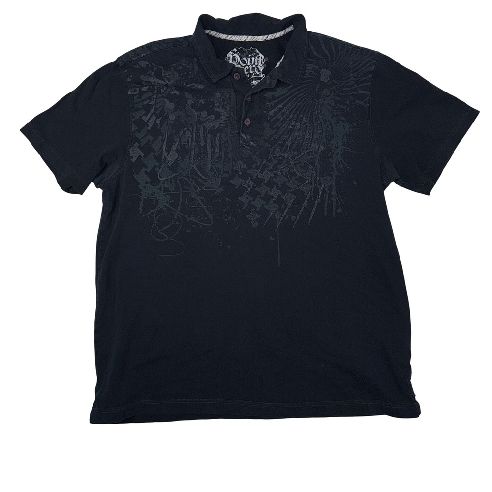 Point Zero Y2K Graphic Polo Shirt XL Mens Black Distressed Grunge Gothic Cotton